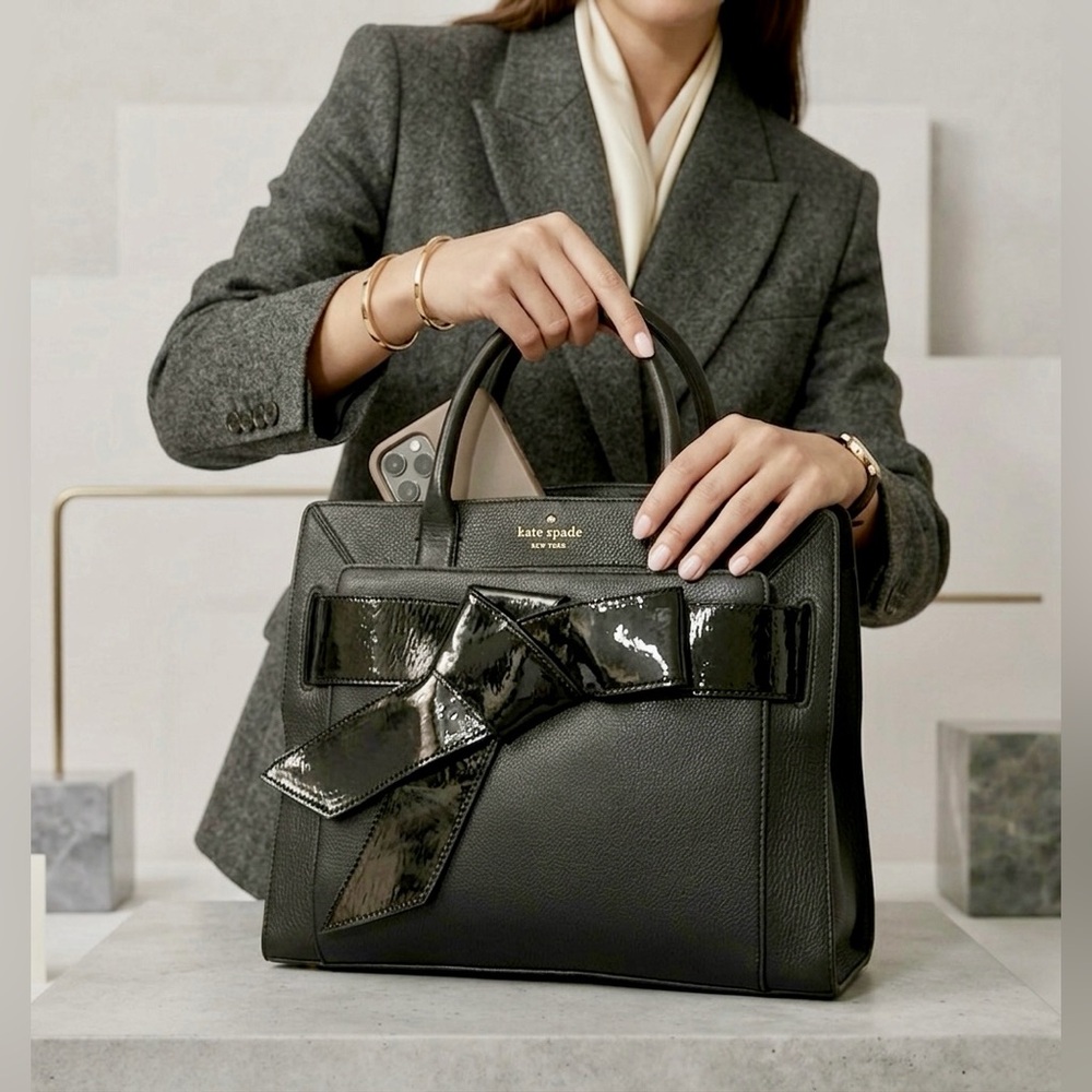 Kate Spade New York  Black Pebble Leather Beau Satchel with Patent Bow bag- NWOT